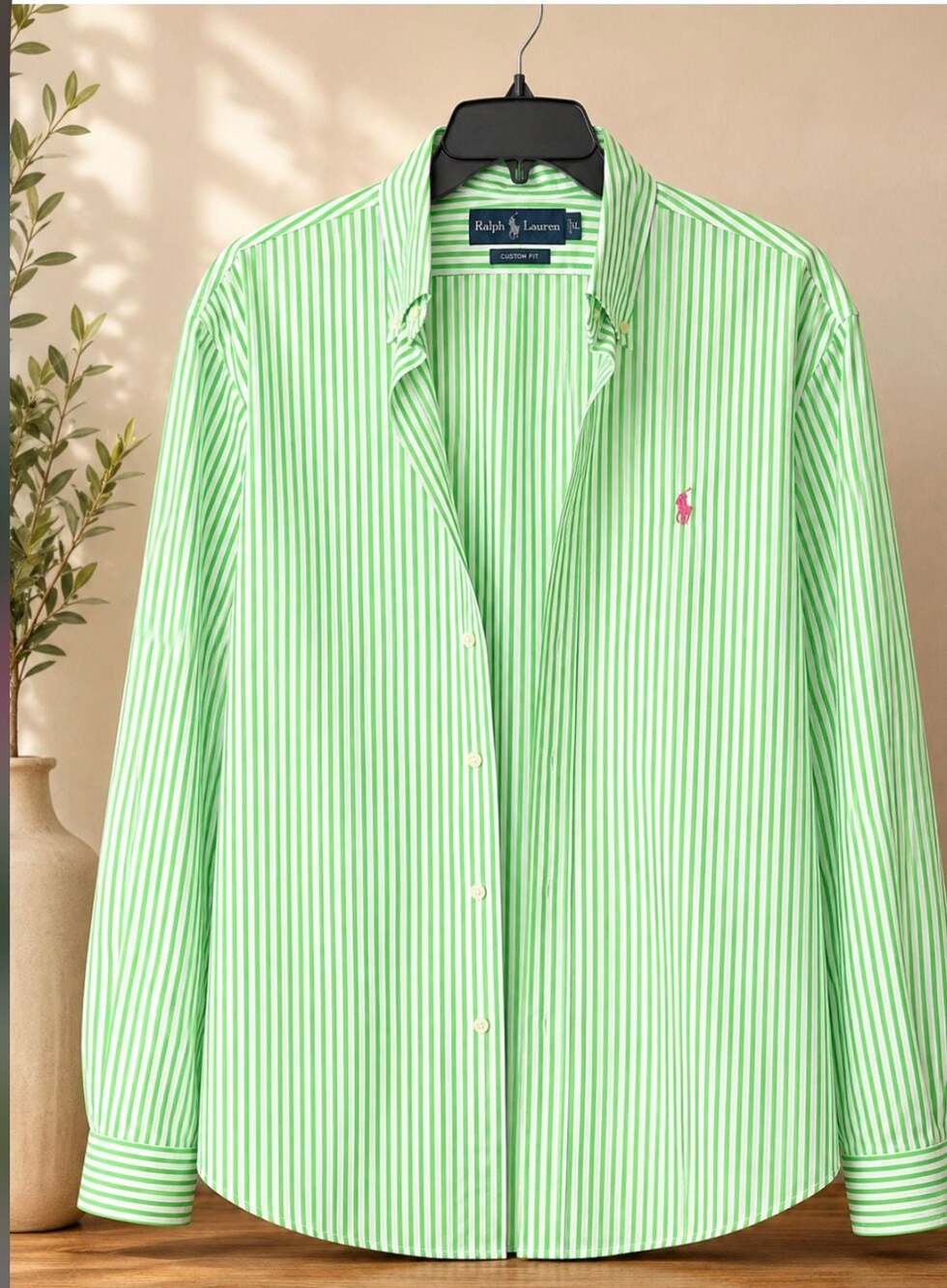 Ralph Lauren Green and White Striped Long Sleeve Button-Down Shirt Custom Fit